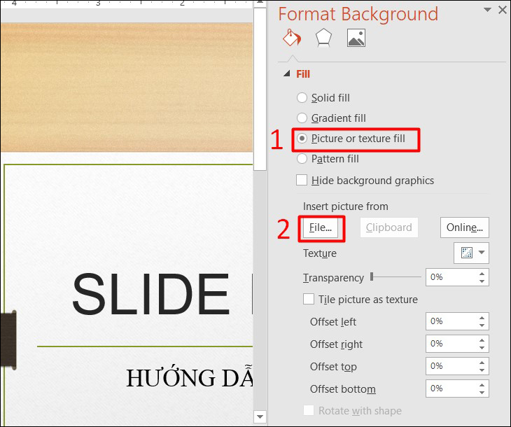 Tick vào ô Picture or texture fill, sau đó tại mục Insert picture from chọn mục File